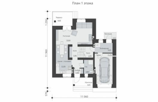 Одноэтажный дом с мансардой, террасой, балконом и гаражом